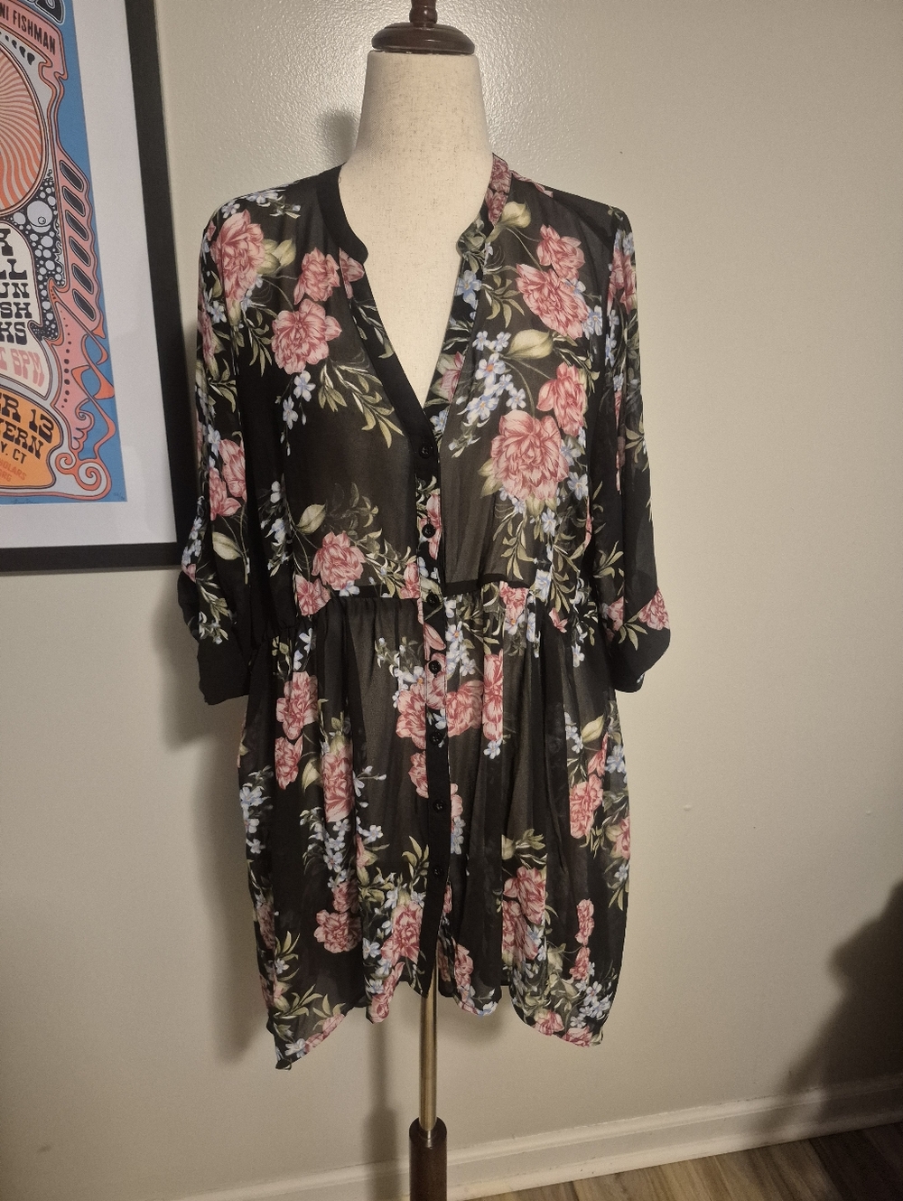Torrid 2 XXL Floral Button-Front Black & Pink  Blouse MAXI TOP sheer Hi Lo
